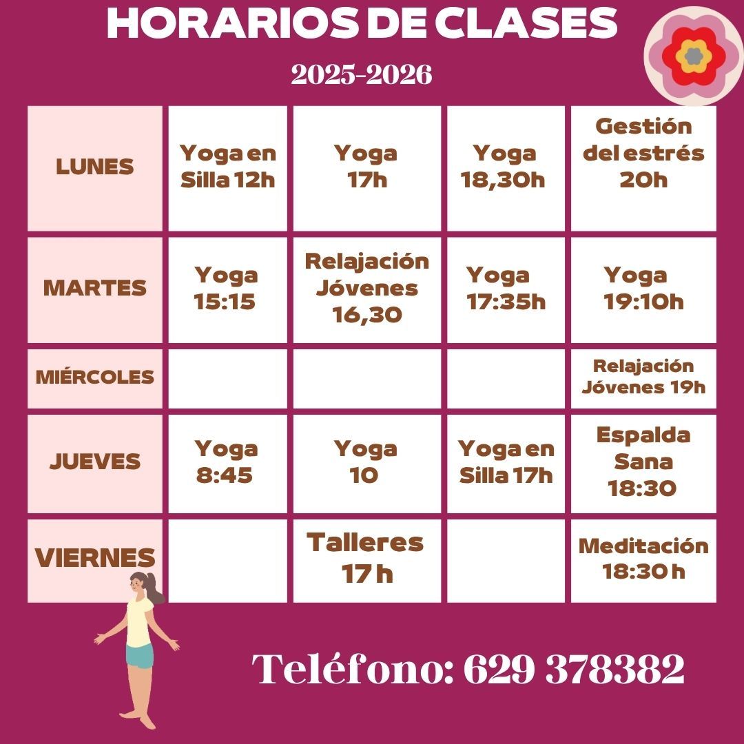 Horario de clases para 2025-2026 con clases de yoga, meditación y relajación; incluye número de teléfono.