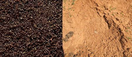 Primer plano de una sustancia granular de color marrón oscuro junto a tierra con textura de color marrón claro.