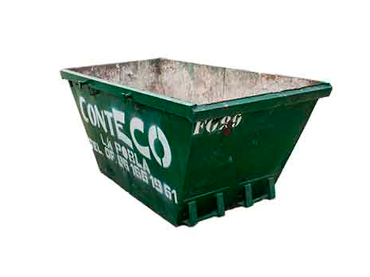 Contenedor CONTECO de color verde con letras blancas.