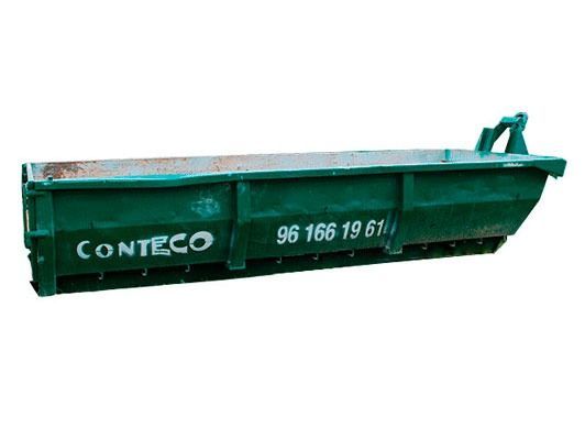 Contenedor verde Conteco con número de teléfono.