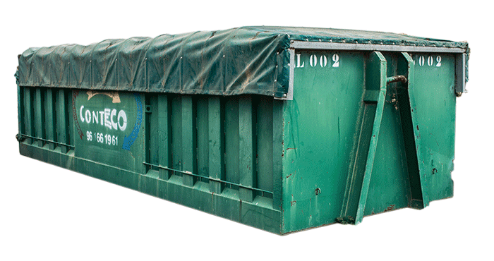 Contenedor de basura de color verde con cubierta de lona de color verde oscuro, marcado con el logotipo