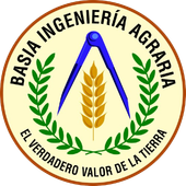 Emblema circular: "BASIA INGENIERÍA AGRARIA" rodea un diseño con un transportador azul sobre un tallo de trigo, enmarcado por hojas verdes.