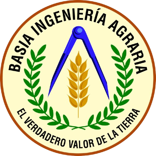 Emblema circular: "BASIA INGENIERÍA AGRARIA" rodea un diseño con un transportador azul sobre un tallo de trigo, enmarcado por hojas verdes.
