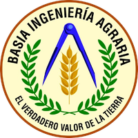 Emblema circular: "BASIA INGENIERÍA AGRARIA" rodea un diseño con un transportador azul sobre un tallo de trigo, enmarcado por hojas verdes.