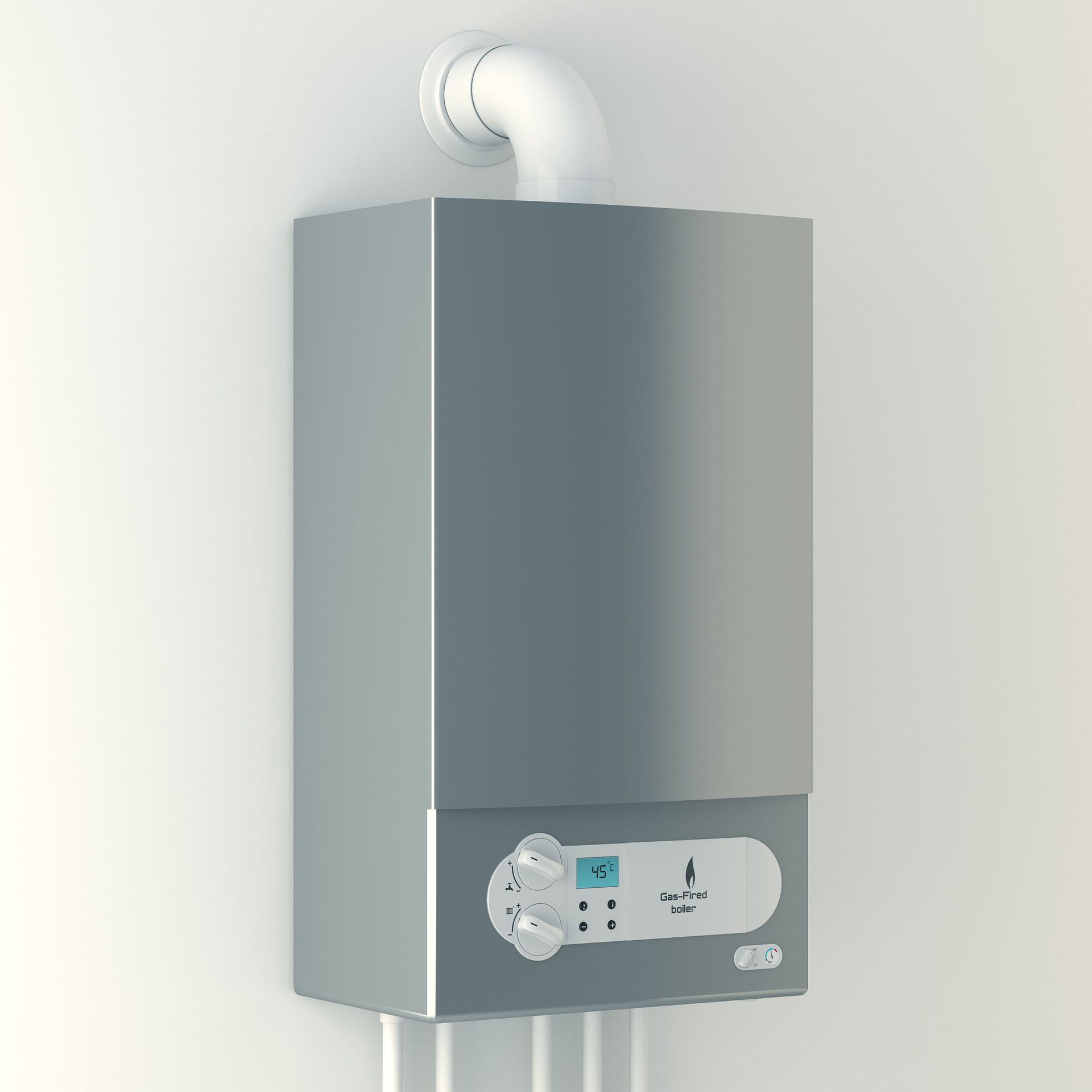 Caldera de gas montada en pared blanca con tubo de escape y panel de control.