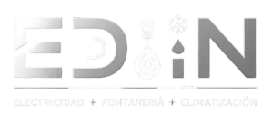 Logotipo para EDIN, electricidad + fontanería + aire acondicionado, texto blanco y gris.
