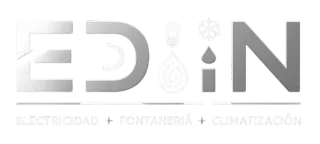 Logotipo para EDIN, electricidad + fontaner&iacute;a + aire acondicionado, texto blanco y gris.