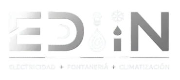 Logotipo para EDIN, electricidad + fontanería + aire acondicionado, texto blanco y gris.