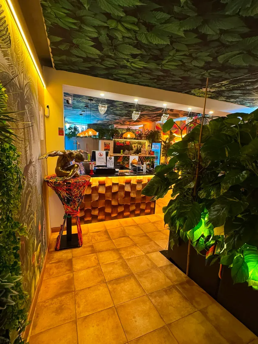 Interior de bar con temática tropical, decoración con motivos vegetales, iluminación cálida y una barra con estampados coloridos.