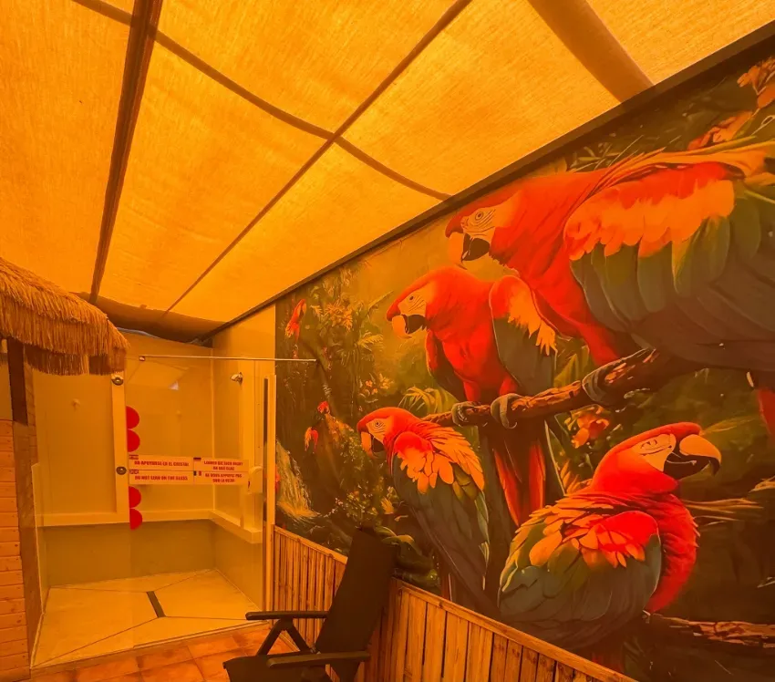 Pasillo interior con un gran mural de loros coloridos, un banco y una iluminación cálida de color naranja.
