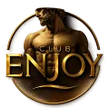 Logo doré « Club ENJOY » avec un buste masculin en bronze et un arc de cercle sur fond sombre