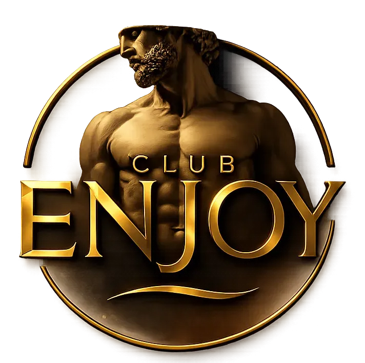 Logo doré « Club ENJOY » avec un buste masculin en bronze et un arc de cercle sur fond sombre