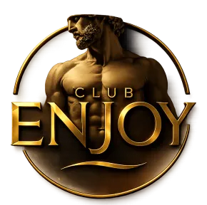 Logo doré « Club ENJOY » avec un buste masculin en bronze et un arc de cercle sur fond sombre