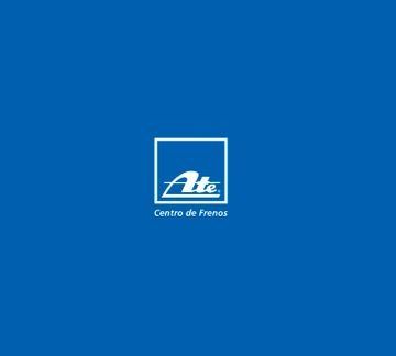 Logotipo de ATE, Centro de Frenos, texto blanco y emblema sobre fondo azul.