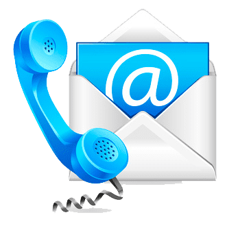 Auricular telefónico azul y sobre de correo electrónico con el símbolo “@”.