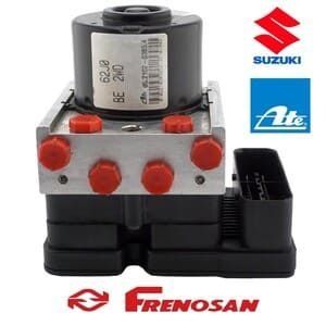 Módulo de freno ABS para Suzuki de ATE y Frenosan, con tapas rojas y carcasa negra.