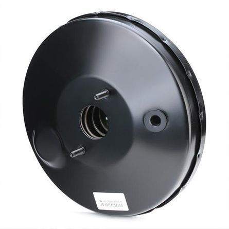 Servofreno negro. Redondo, con un orificio central y algunos pernos de montaje.