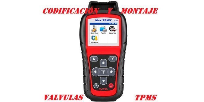 Herramienta de diagnóstico TPMS portátil, roja y negra. En la parte superior se lee “Codificación y Montaje”, en la inferior “Válvulas TPMS”.