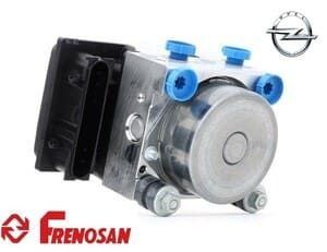 Conjunto del sistema de frenos ABS con tapas azules, conector eléctrico negro y logotipo de Opel.
