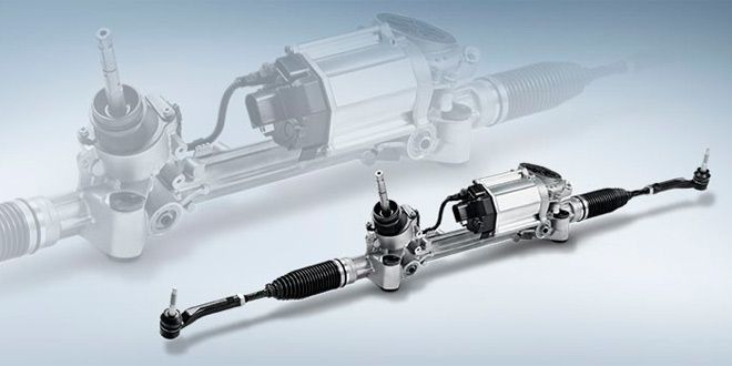 Cremallera de dirección asistida eléctrica sobre fondo degradado.