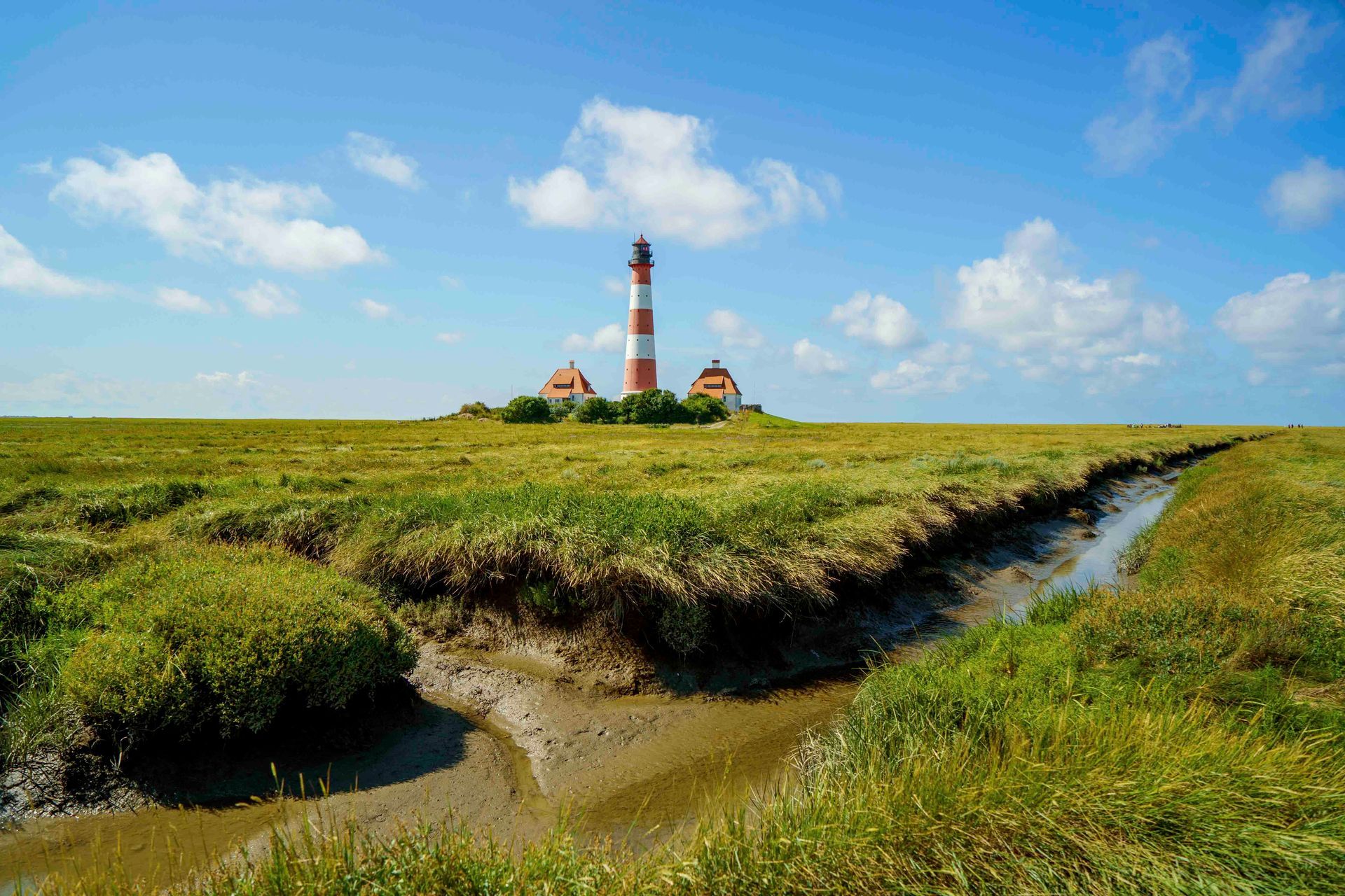 Ein rot-weiß gestreifter Leuchtturm auf grünem Sumpf unter blauem Himmel mit flauschigen Wolken.