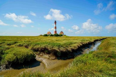 Ein rot-weiß gestreifter Leuchtturm auf grünem Sumpf unter blauem Himmel mit flauschigen Wolken.