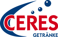 Logo von Ceres Getränke: roter Schriftzug „CERES“, blauer Bogen und Blasen sowie der Schriftzug „GETRÄNKE“.