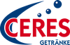 Logo für Ceres Getränke, roter Text auf blauem Bogen mit blauen Blasen.