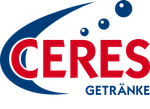 Ceres-Logo mit rotem „CERES“-Schriftzug, blauem Bogen, Sprechblasen und darunter „GETRÄNKE“.