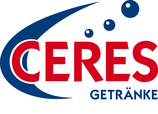 Ceres-Logo mit rotem „CERES“-Schriftzug, blauem Bogen, Sprechblasen und darunter „GETRÄNKE“.