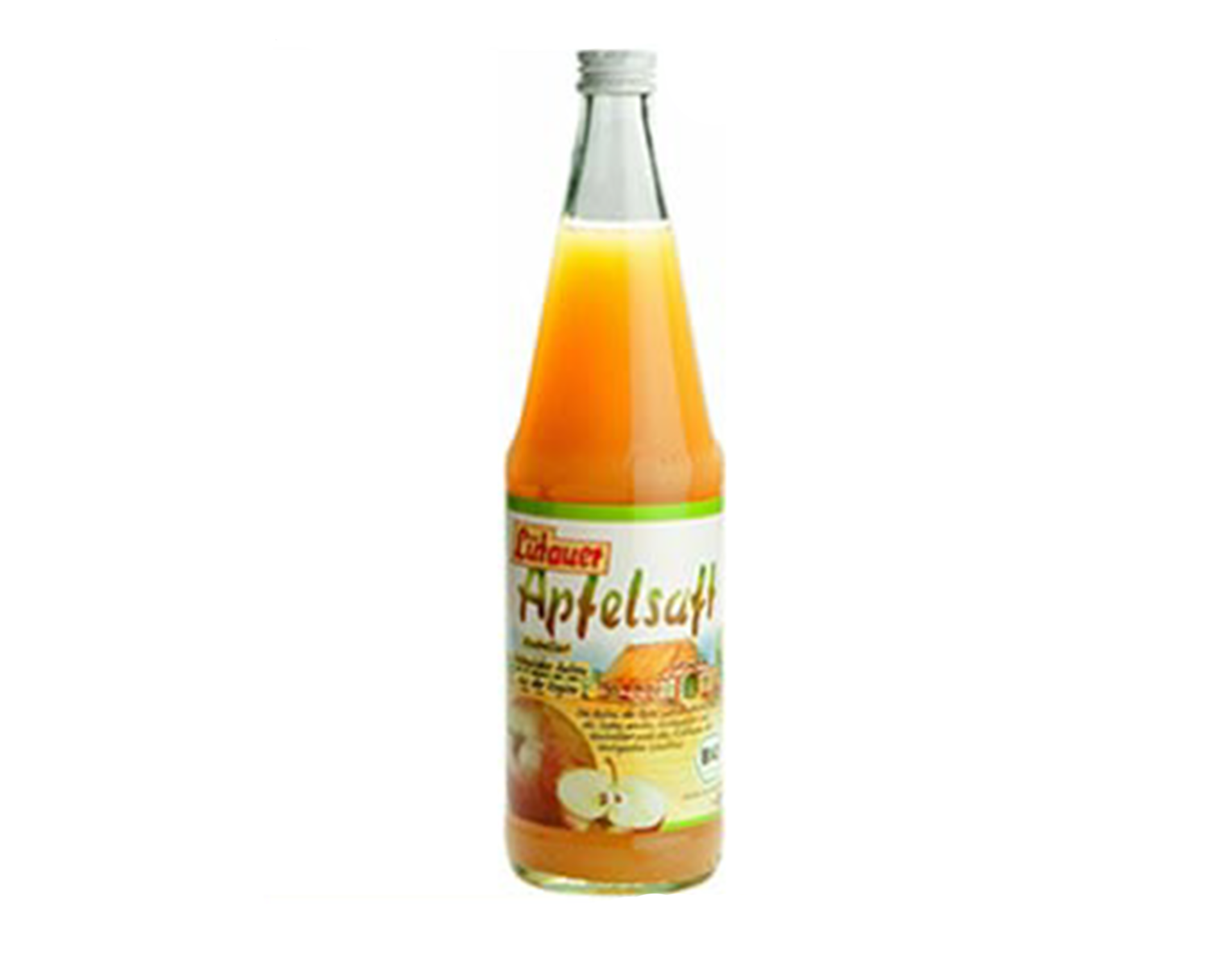 Flasche Apfelsaft mit grün-gelbem Etikett.