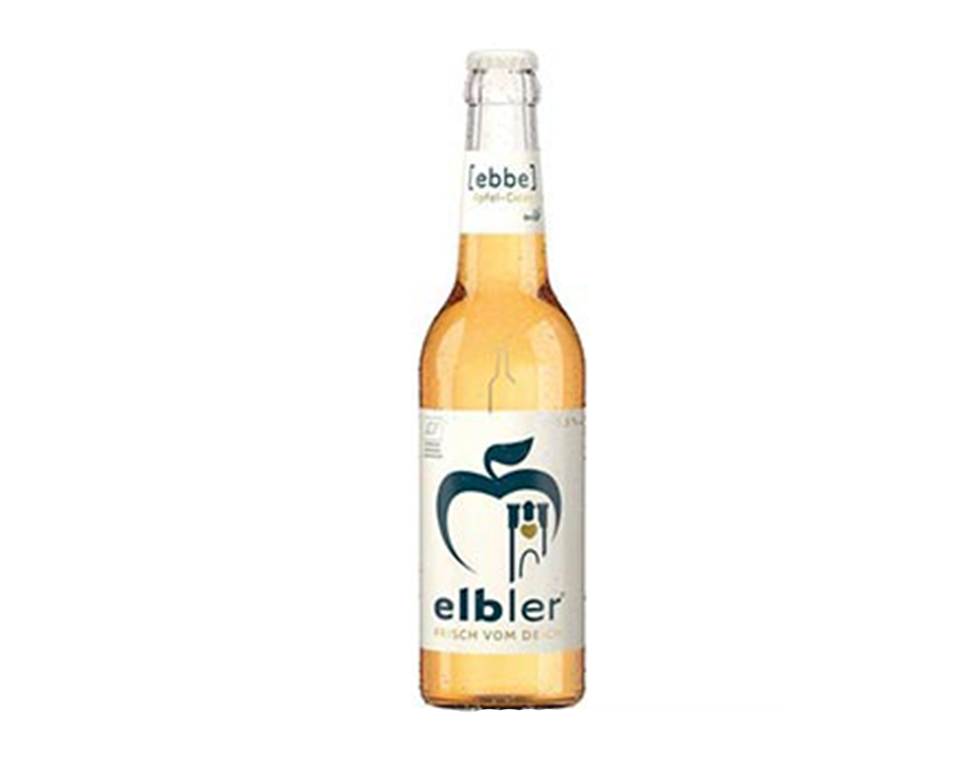 Flasche mit „Elbler“-Apfelwein, hellbernsteinfarbene Flüssigkeit, mit einem Etikett, das einen blauen Apfel