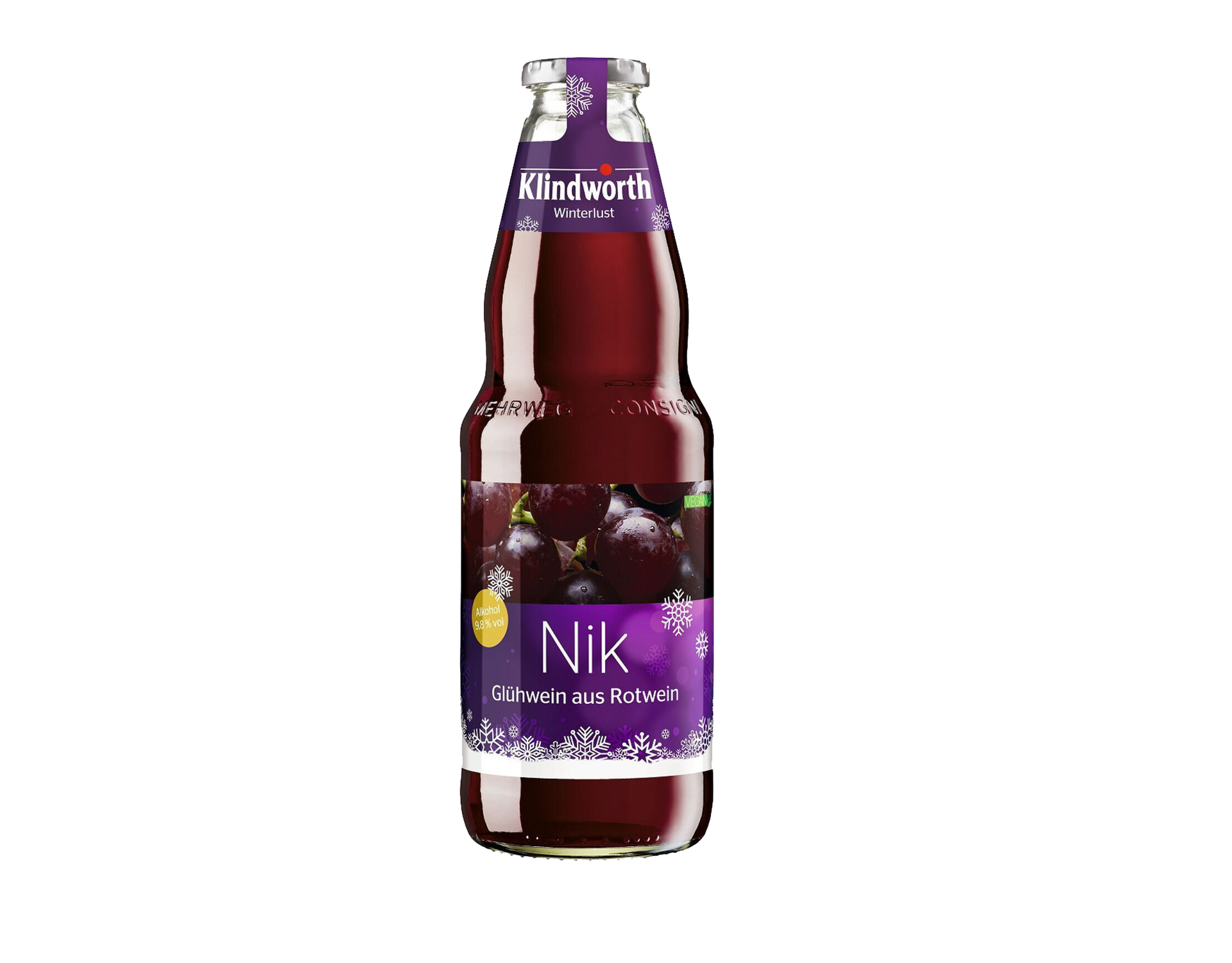 Flasche Nik Cabernet Sauvignon Saft mit lila Etikett und Trauben.