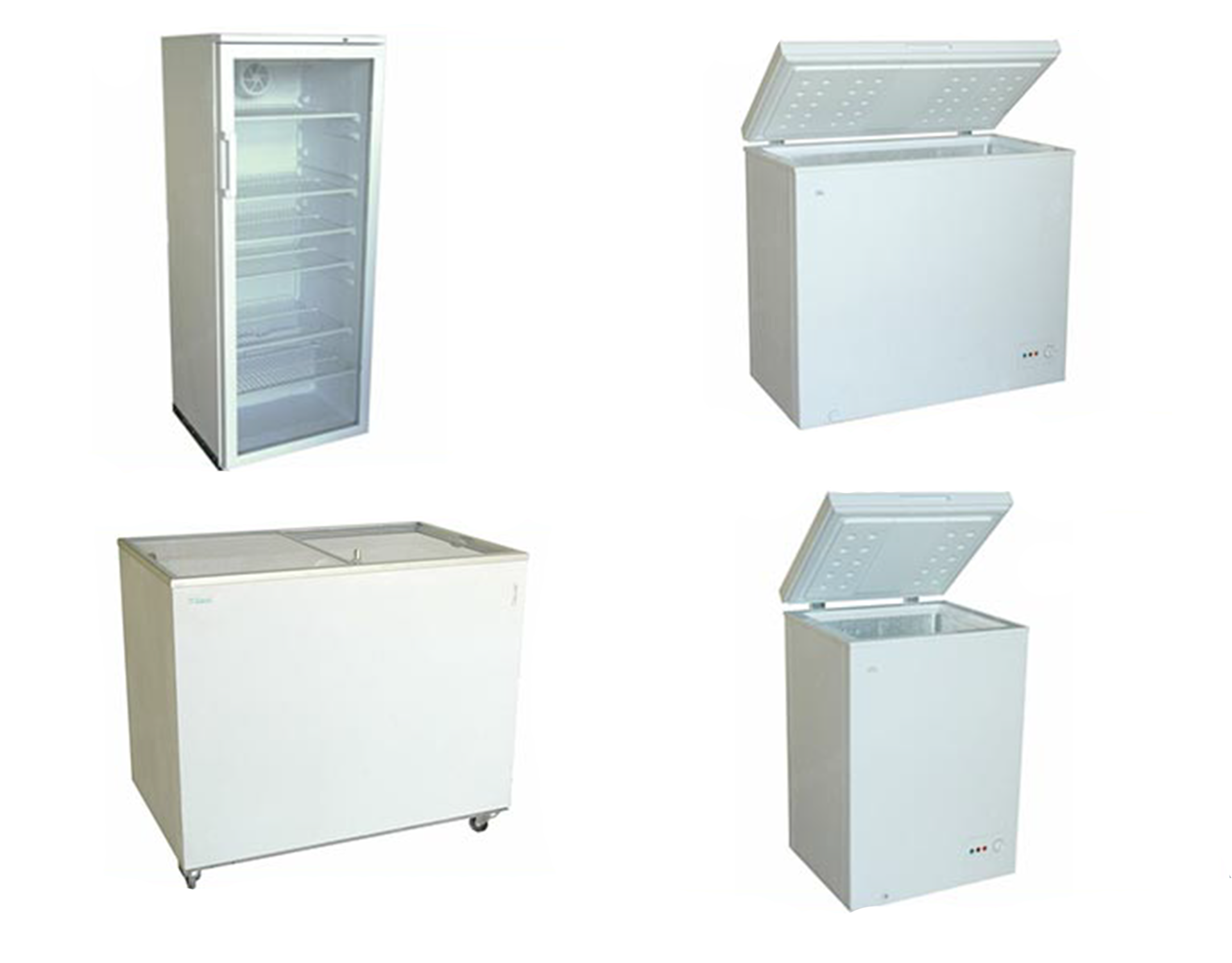 Vier weiße Gefrierschränke: ein aufrechter Gefrierschrank mit Glastür und drei Gefrierschränke im Truhenstil