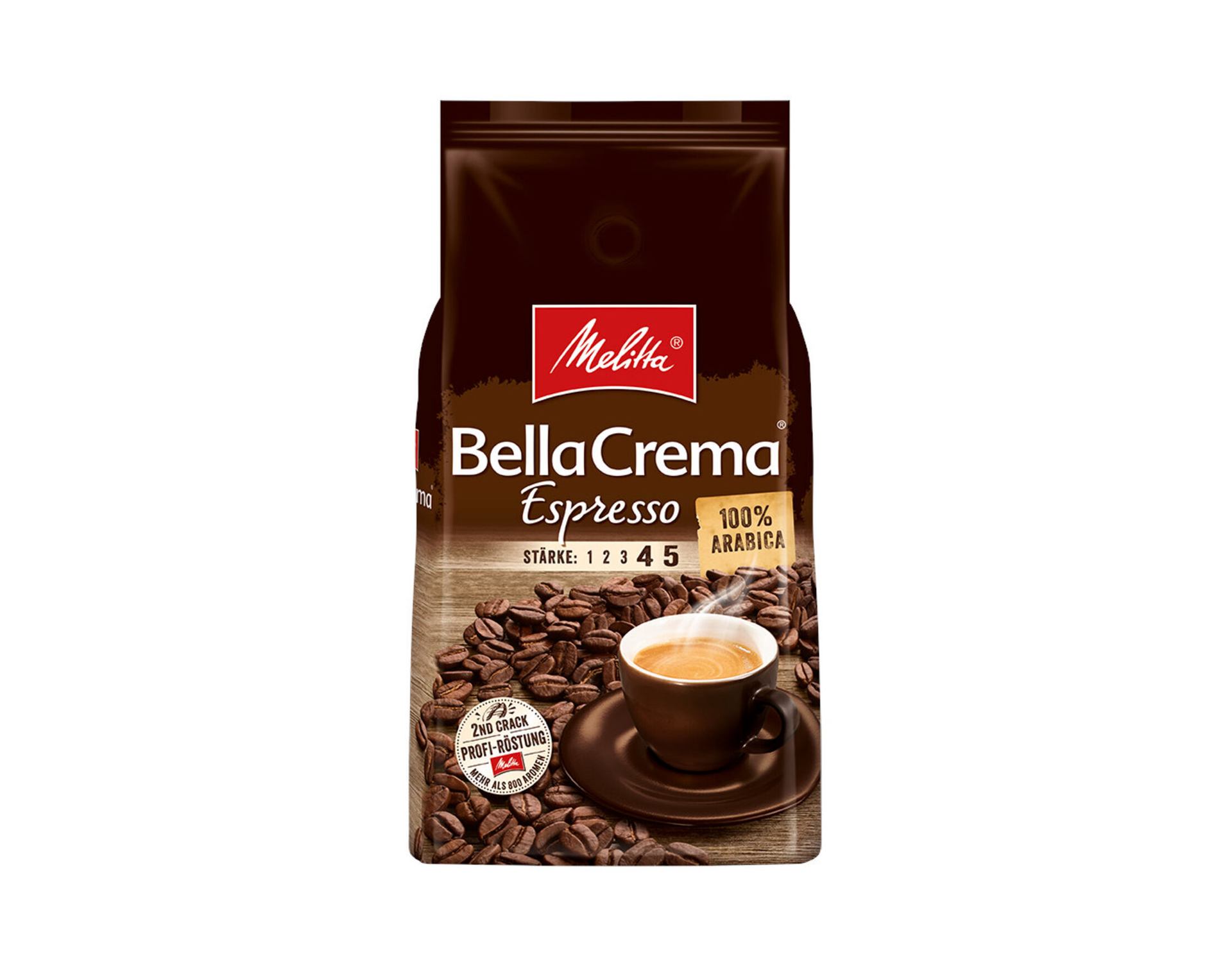 Tüte mit Melitta BellaCrema Espresso-Kaffeebohnen, abgebildet mit einer Kaffeetasse und gerösteten Bohnen.