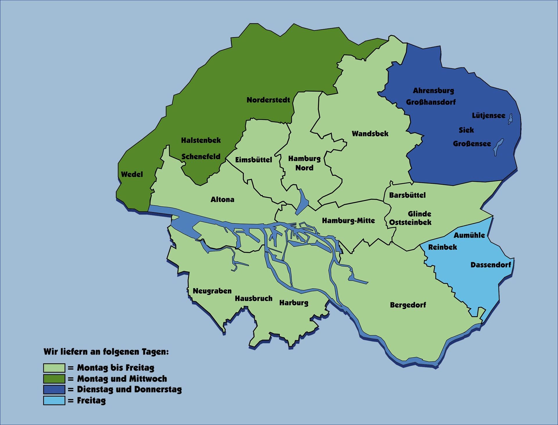 Karte von Hamburg, Deutschland, unterteilt in Bezirke mit farblich gekennzeichneten Regionen.
