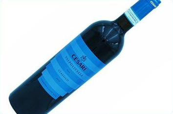 Flasche Cesari Valpolicella Classico Wein mit blauem Etikett auf weißem Hintergrund.