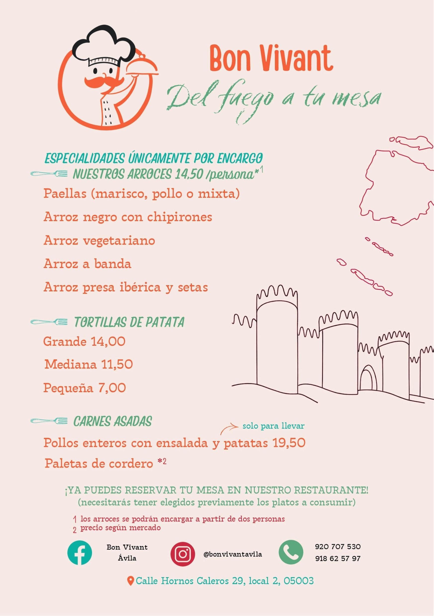 Un menú para un restaurante llamado Bon Vivant con un chef en él.