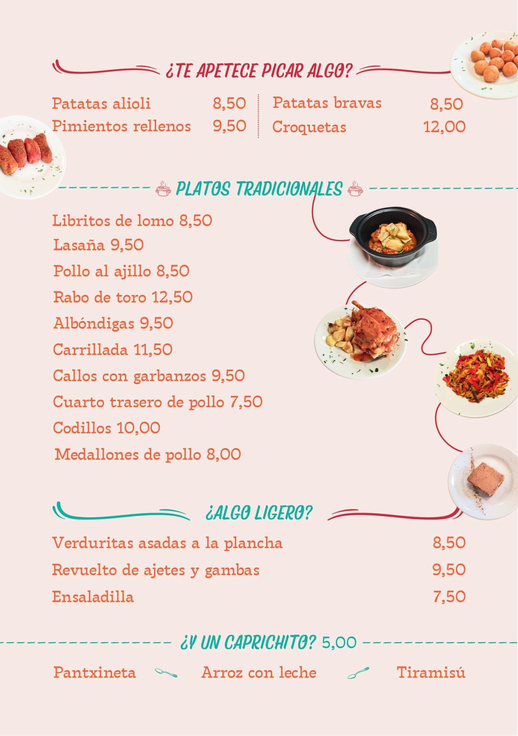 Un menú de un restaurante muestra una variedad de comidas y precios.