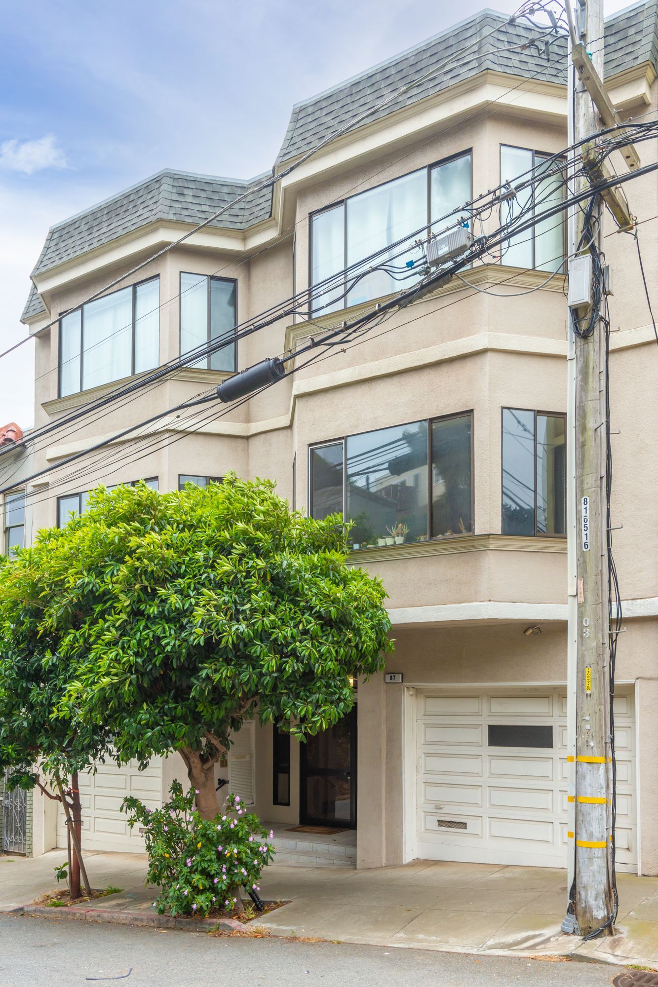 A large house with a lot of windows and a tree in front of it.