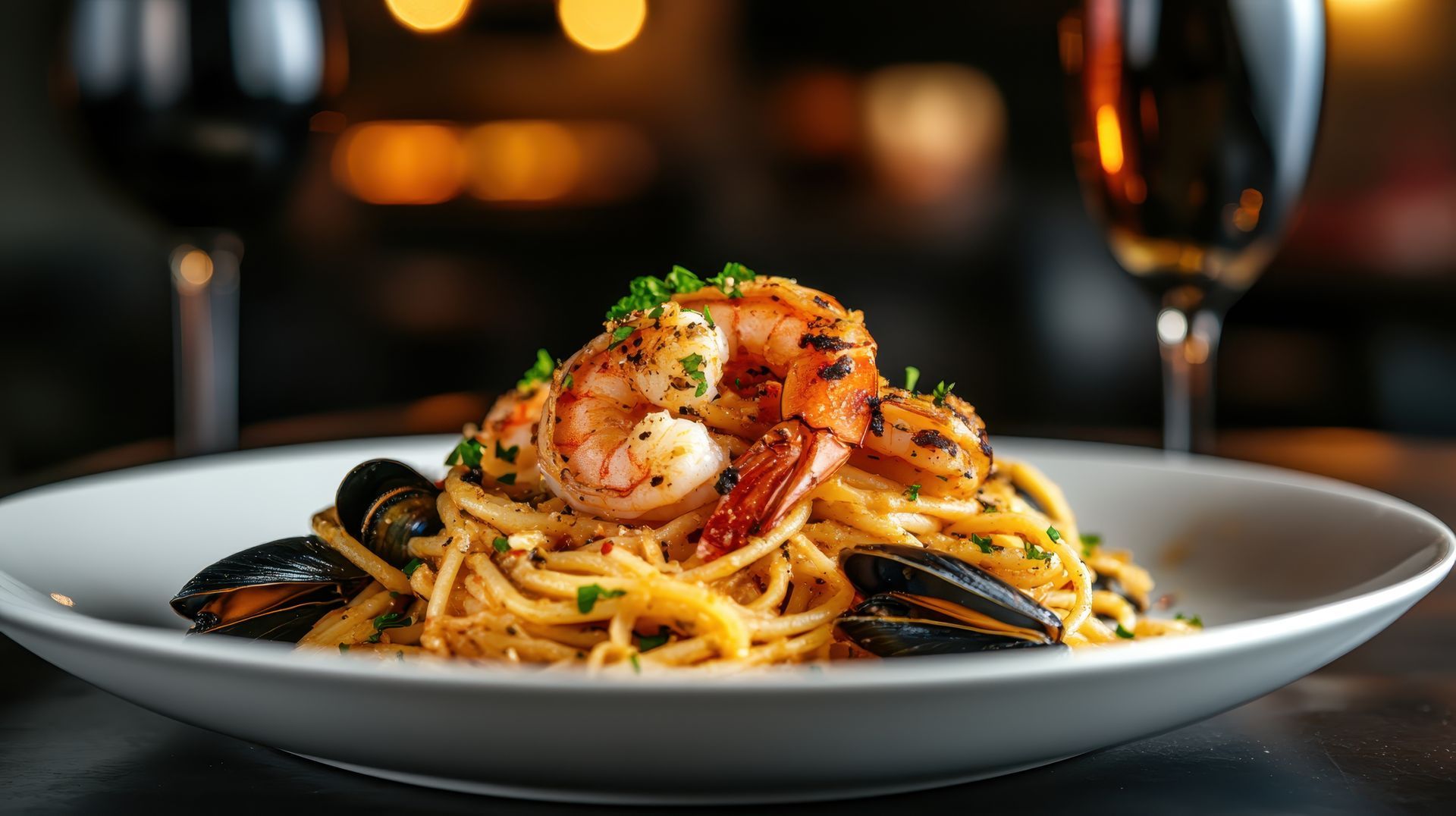 Teller mit Meeresfrüchte-Pasta mit Garnelen und Muscheln; im Hintergrund Weingläser.