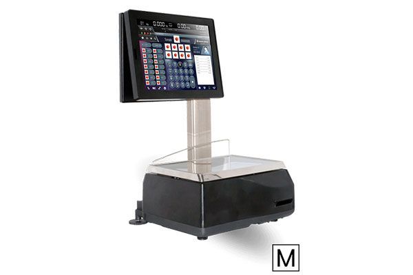 Una balanza con una pantalla encima sobre un fondo blanco.