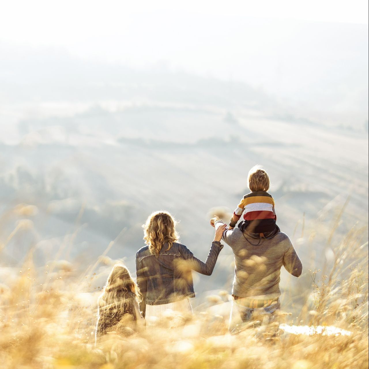 Une famille de dos regarde la montagne.