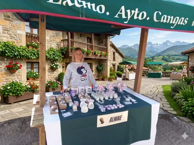 Puesto de mercado al aire libre que exhibe jabones y velas artesanales bajo un toldo verde, con montañas al fondo.