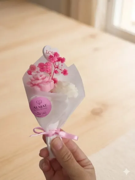 Mano que sostiene un pequeño ramo de flores rosas envuelto en papel blanco con un lazo de cinta.