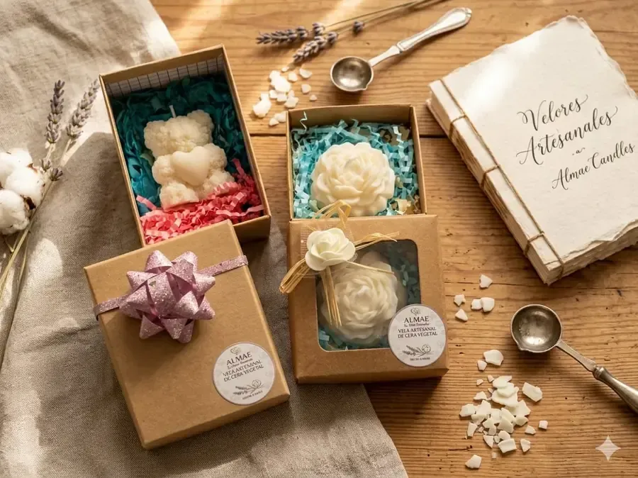 Jabones florales artesanales surtidos y productos de baño en cajas de cartón kraft sobre una mesa rústica.