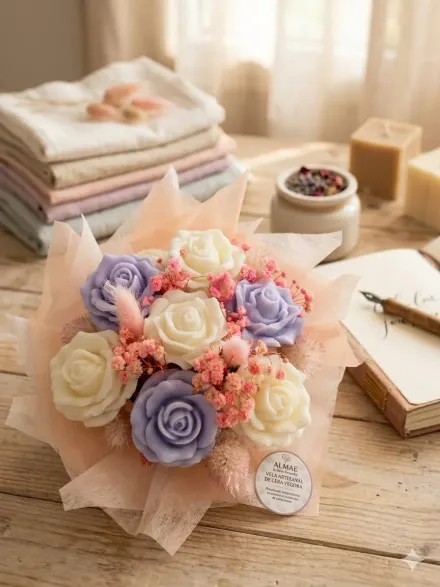 Un ramo de flores de rosas y lavanda en tonos pastel sobre un escritorio de madera con libros y material de oficina.