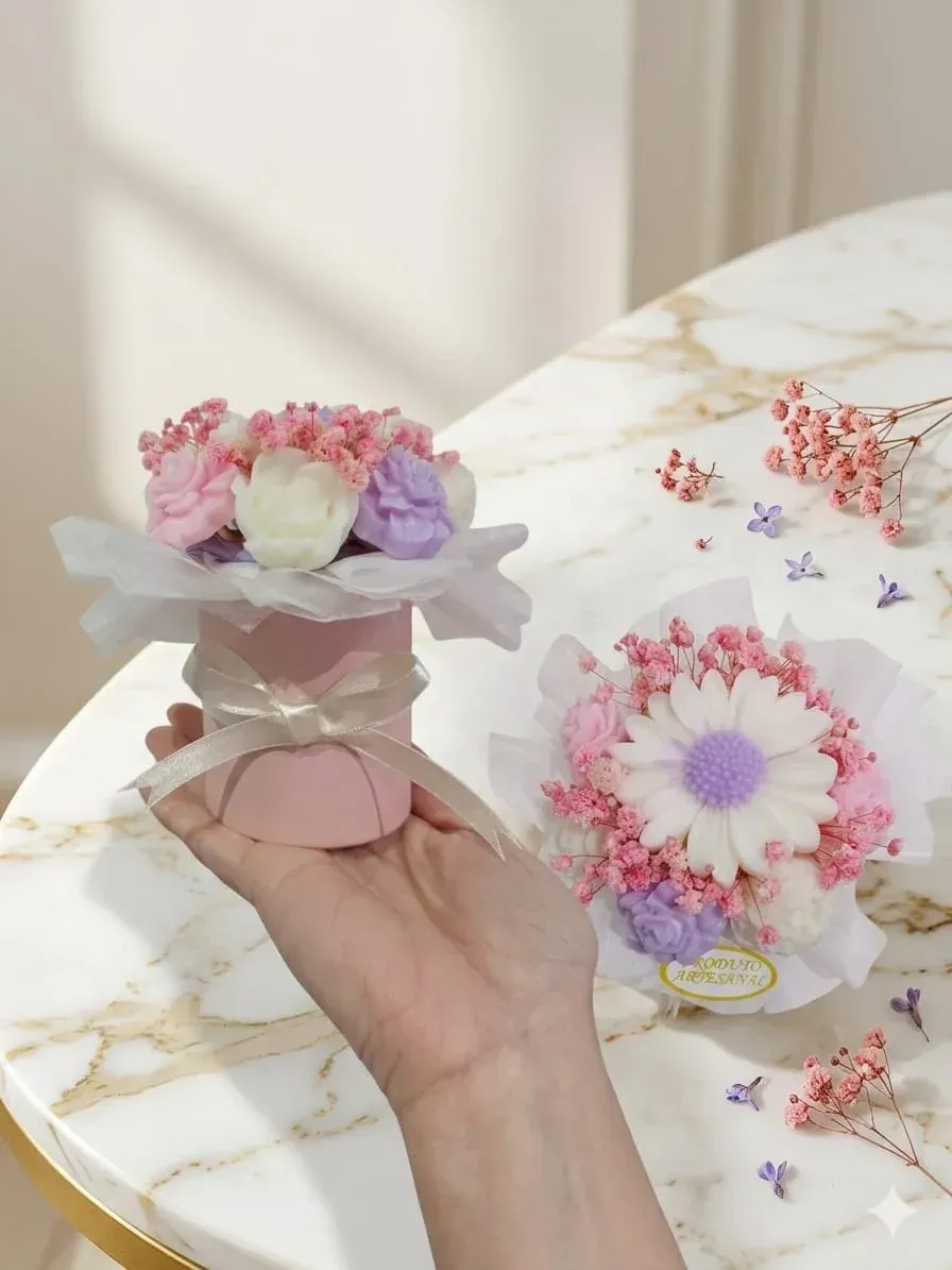 Cajas de regalo rosas con dulces rellenos de flores sobre una mesa de madera, una de ellas sostenida por una mano.