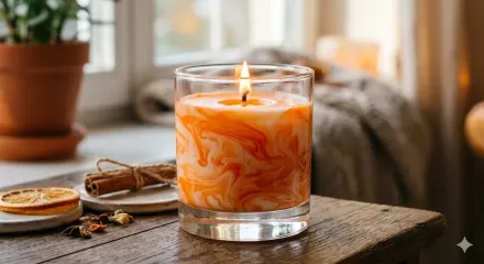 Una vela de color naranja en espiral arde sobre una mesa de madera junto a una cuerda, con una acogedora ventana de fondo.