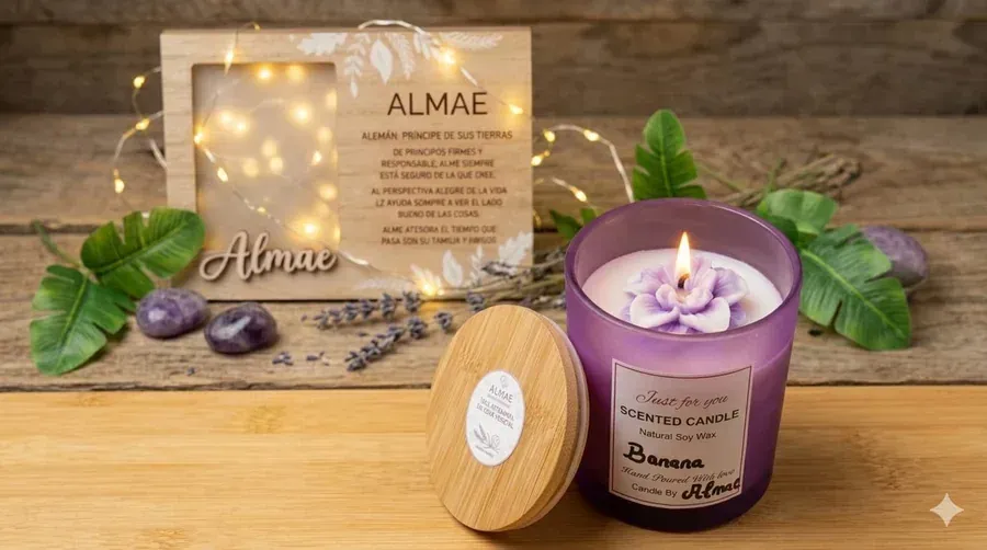 Vela morada con tapa de madera, llama encendida y hojas decorativas junto a una tarjeta de producto floral sobre una mesa.